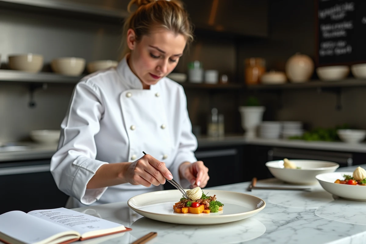 Cheffe cuisinière française innovant avec une présentation gastronomique avant-gardiste
