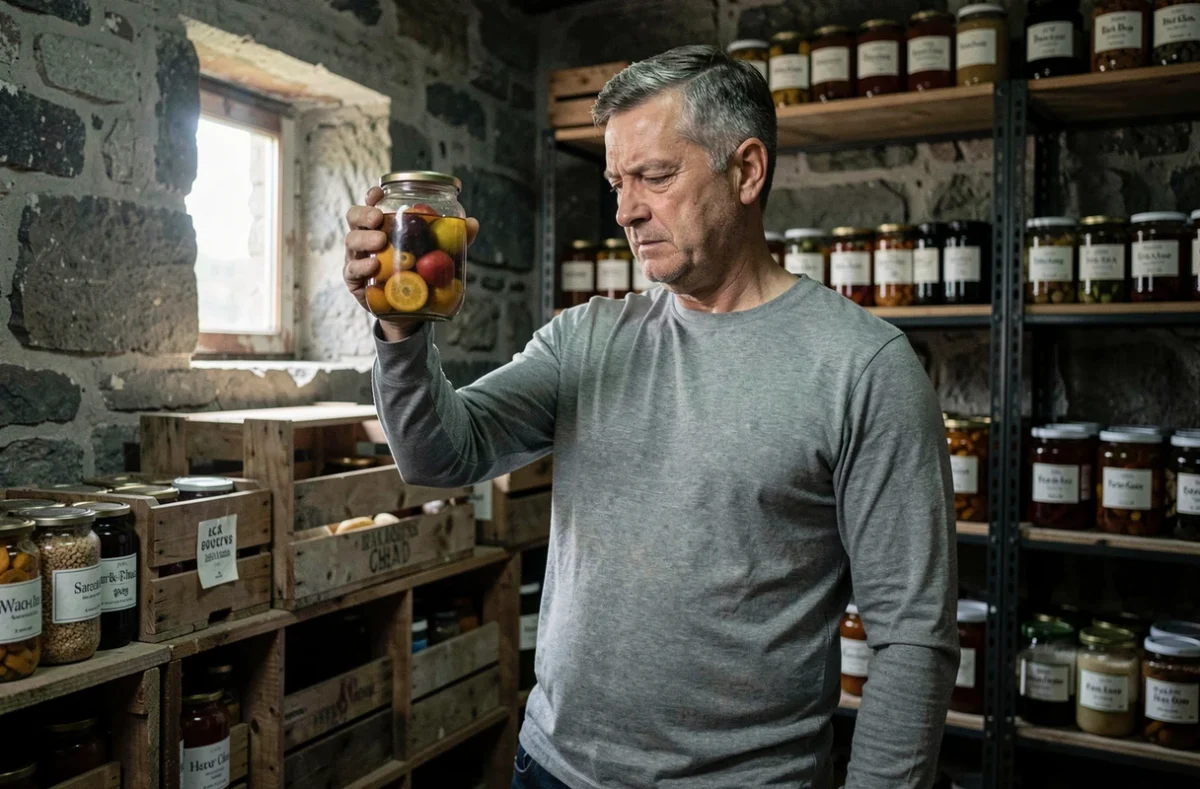 Homme inspectant un bocal de fruits conservés à l'alcool dans une cave rustique pour détecter des erreurs