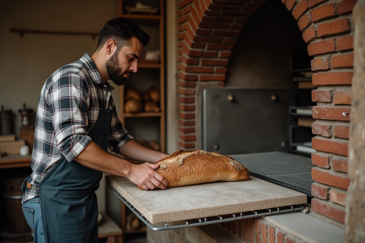 Jeune homme déposant pain dans four à briques traditionnel