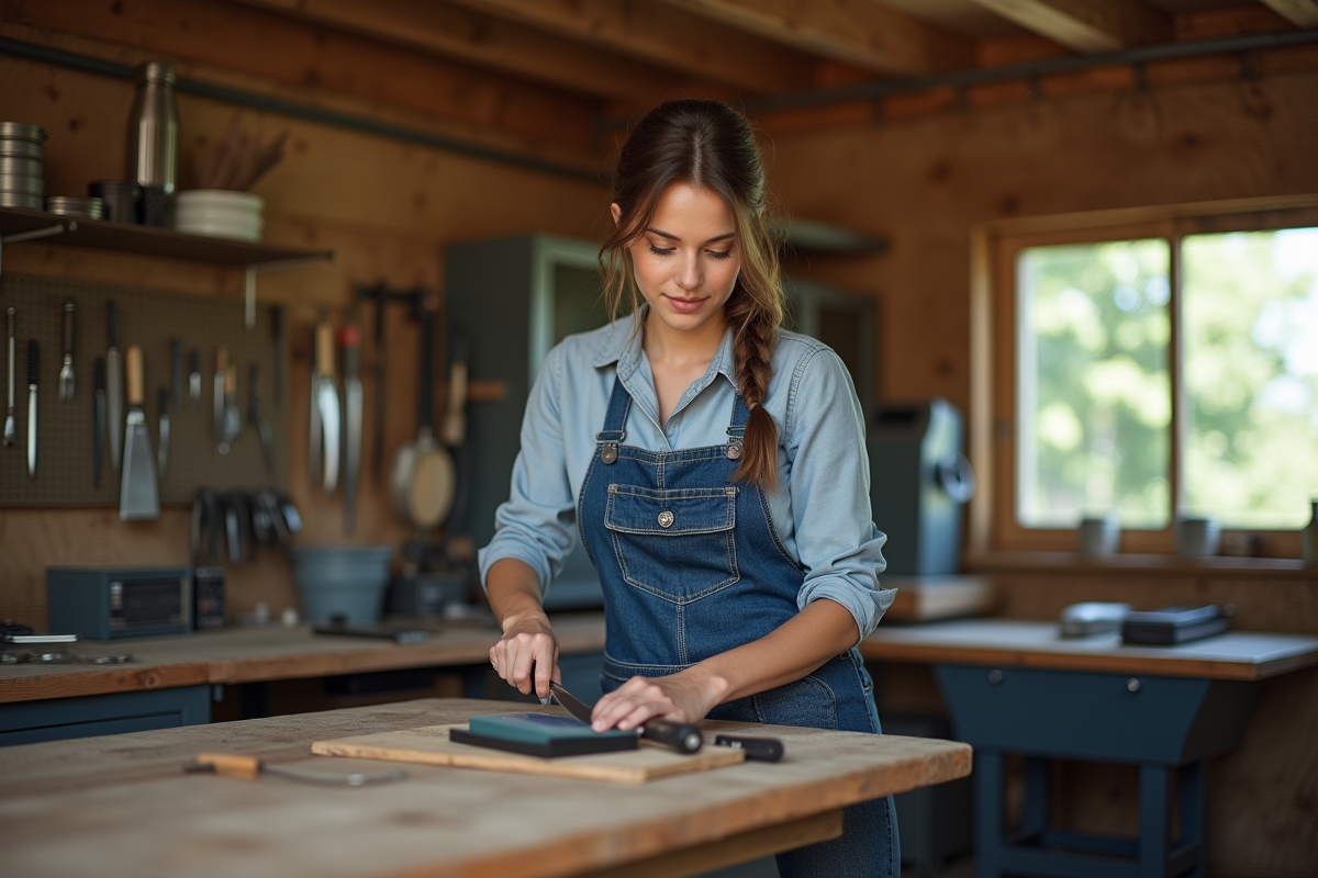 Jeune femme en tablier denim utilisant une pierre à aiguiser