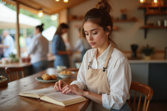 Jeune femme en tablier pastel dans une cuisine chaleureuse