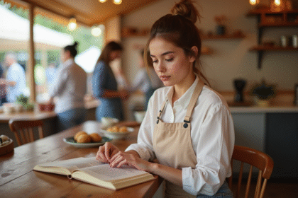 Jeune femme en tablier pastel dans une cuisine chaleureuse
