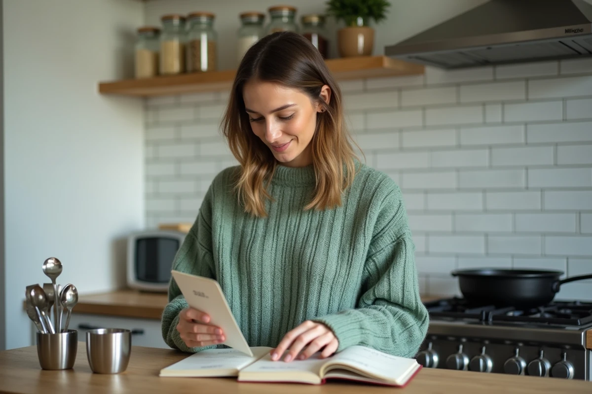 Jeune femme comparant des fiches de recettes avec différentes unités de mesure dans une cuisine d'appartement minimaliste