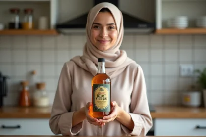 Jeune femme musulmane souriante avec hijab pastel et vinaigre halal