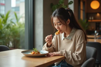 Jeune femme dégustant un plat artistique dans un restaurant moderne