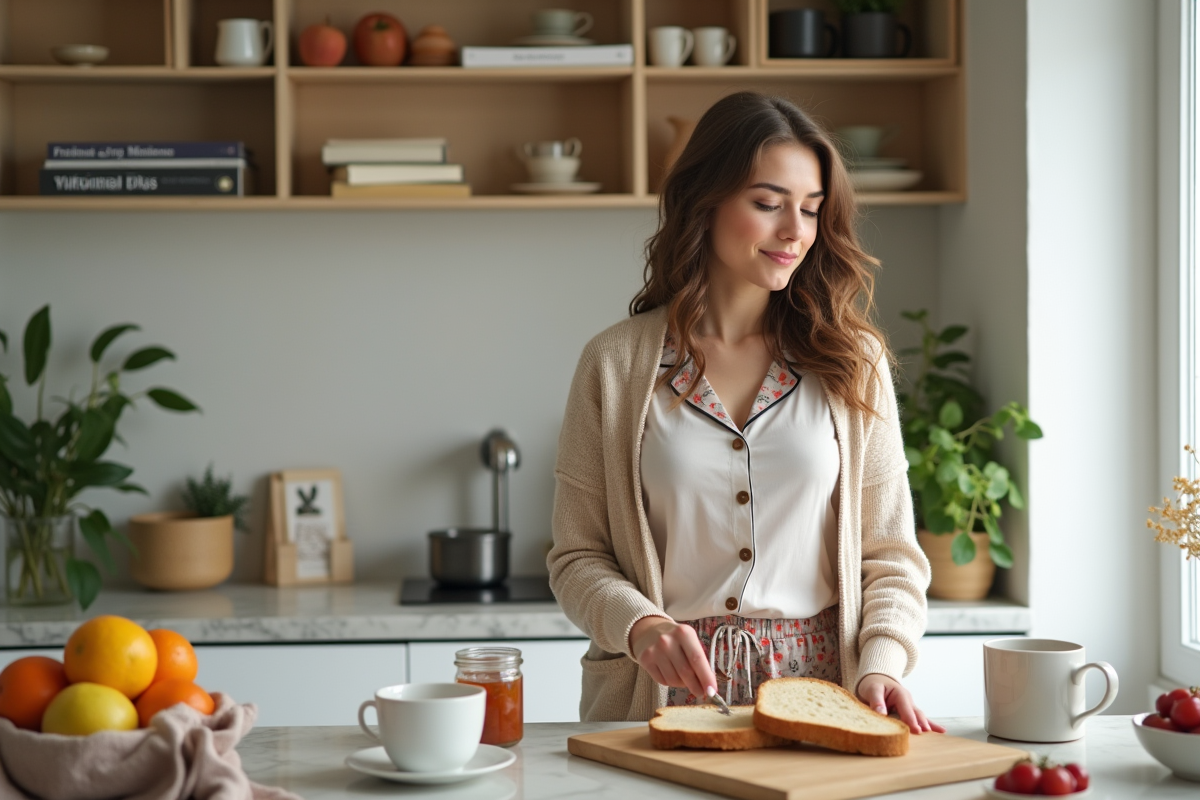 Jeune femme préparant des tranches de pain dans une cuisine lumineuse