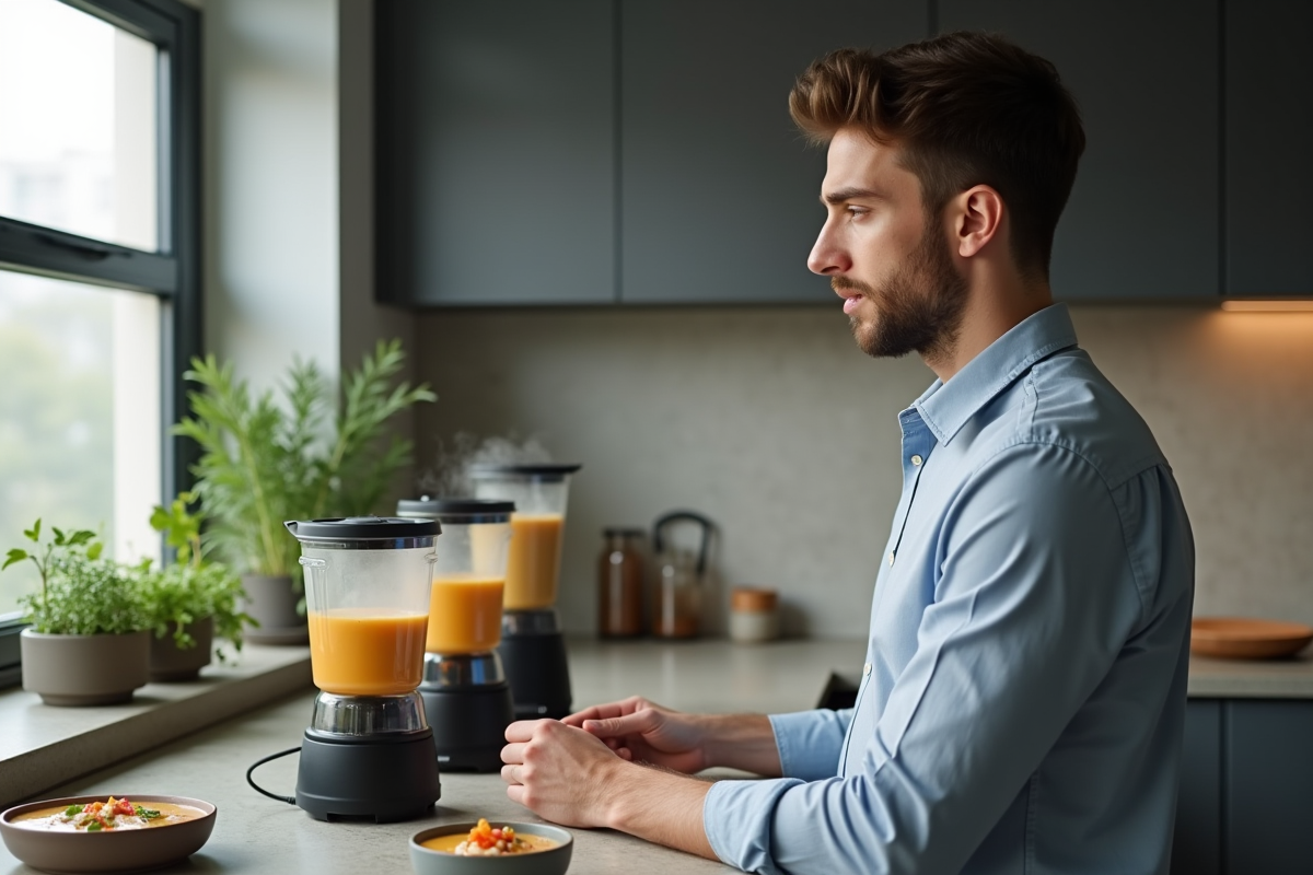 Jeune homme examine des blenders et soupes maison