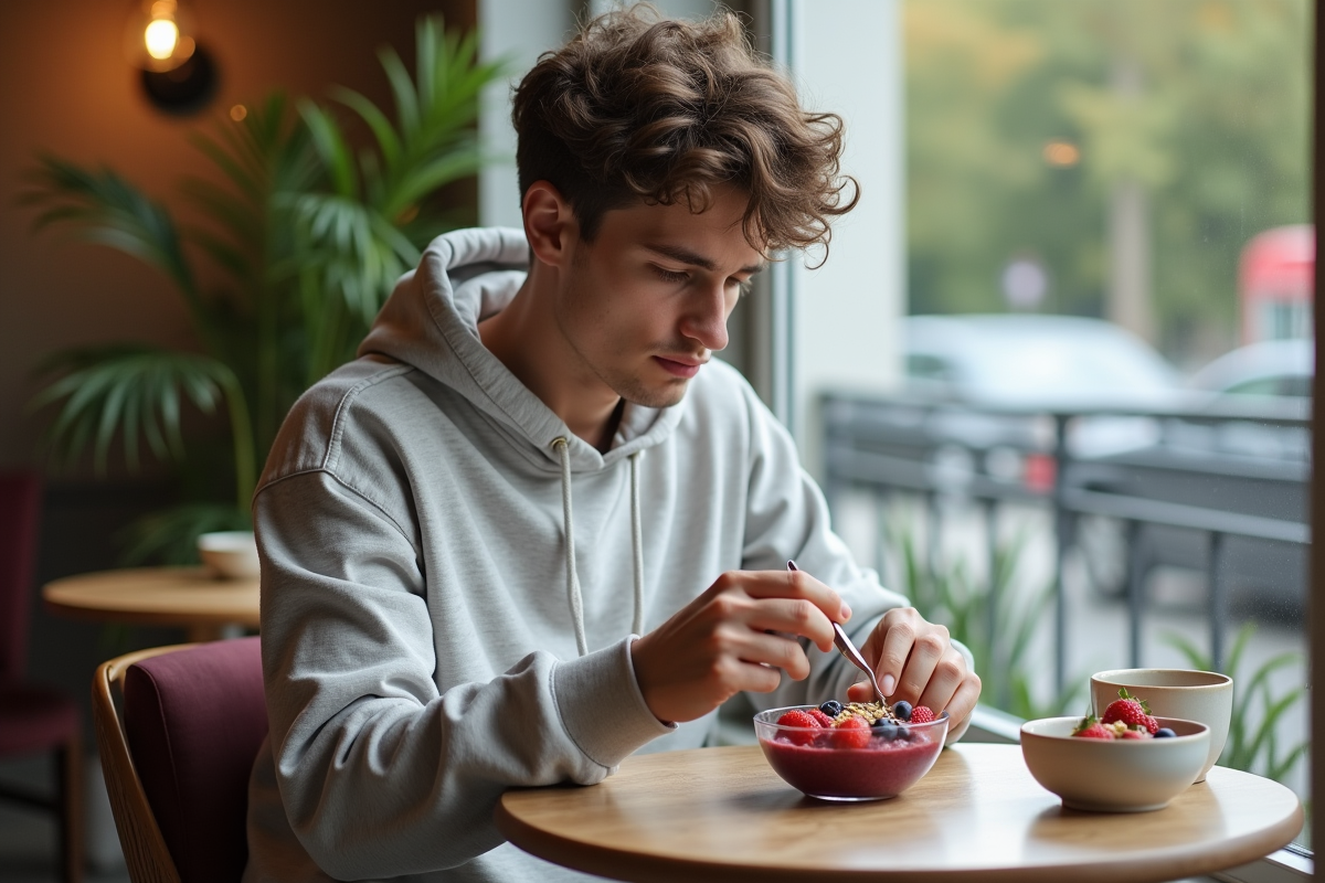 Jeune homme dégustant un bol de smoothie aux fruits dans un café