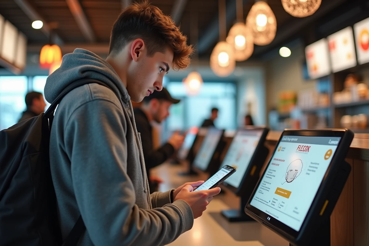 Jeune homme scannant un coupon sur son smartphone au restaurant