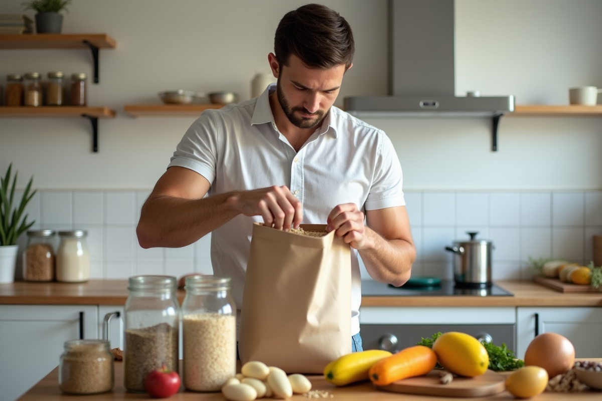 Jeune homme préparant des aliments non organiques à la maison