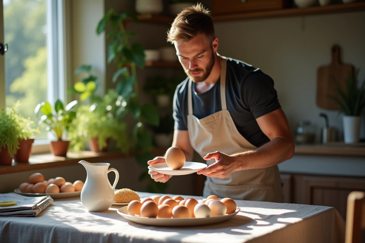 Jeune homme faisant tourner un œuf pour vérifier sa fraicheur