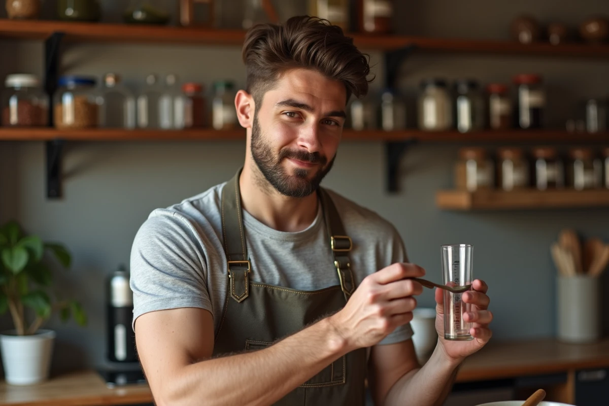Jeune homme utilisant cuillere et cylindre gradué en cuisine