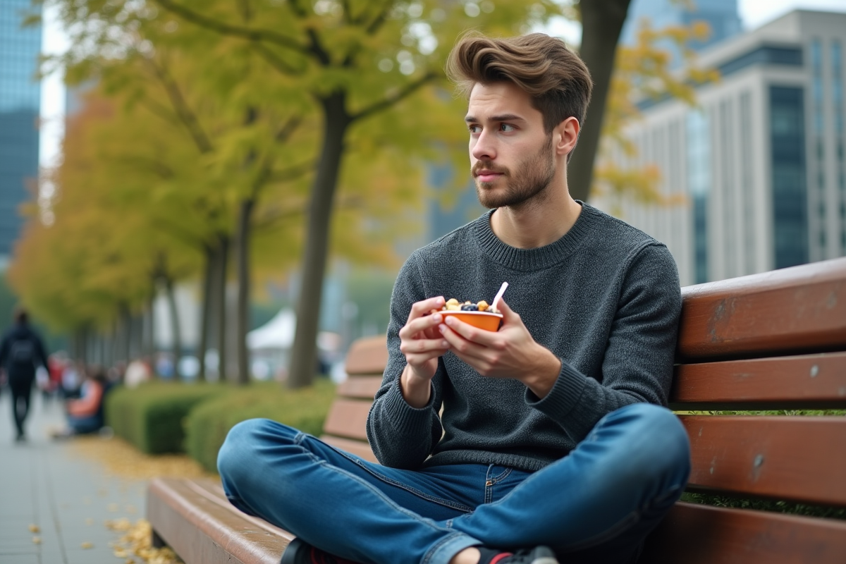 Jeune homme dégustant des noix dans un parc urbain