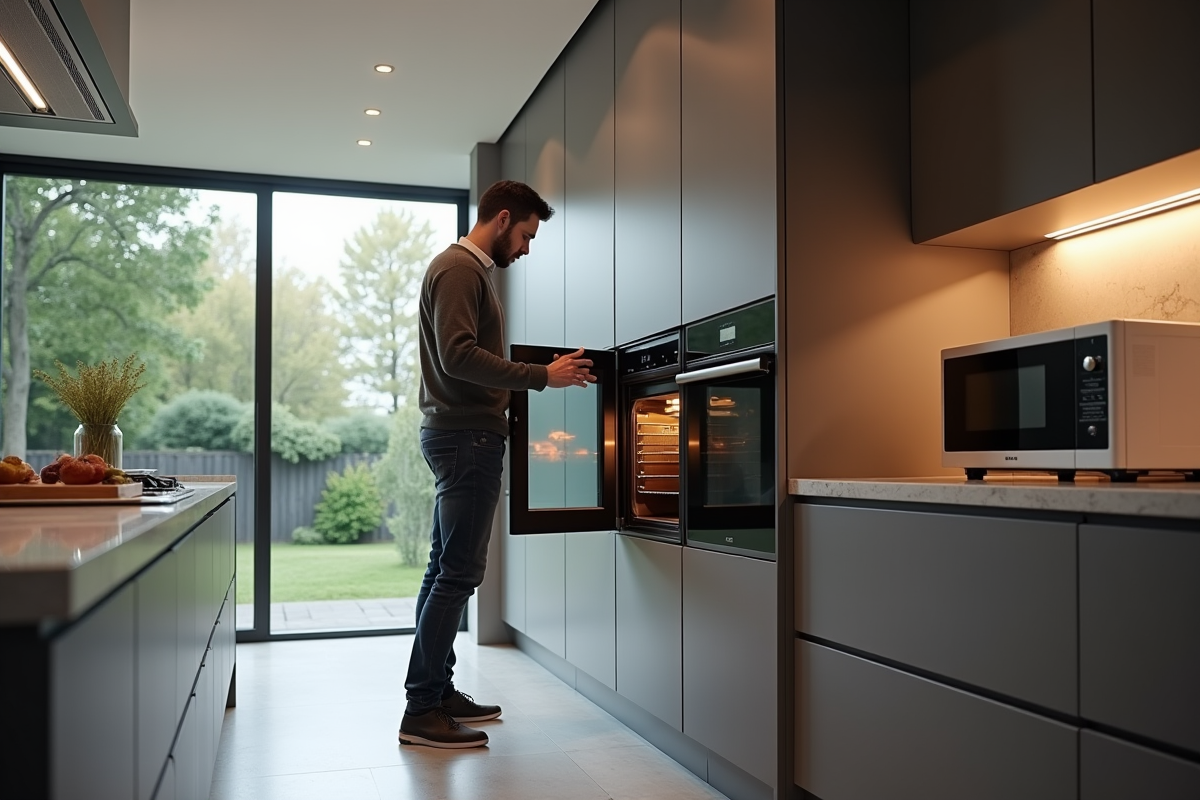 Jeune homme ouvrant un four vapeur dans une cuisine contemporaine