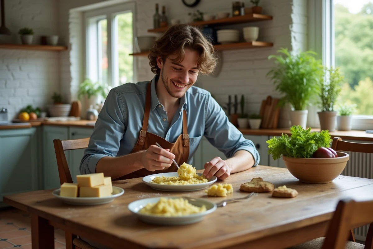 Jeune homme dégustant un gratin de courgettes à la table