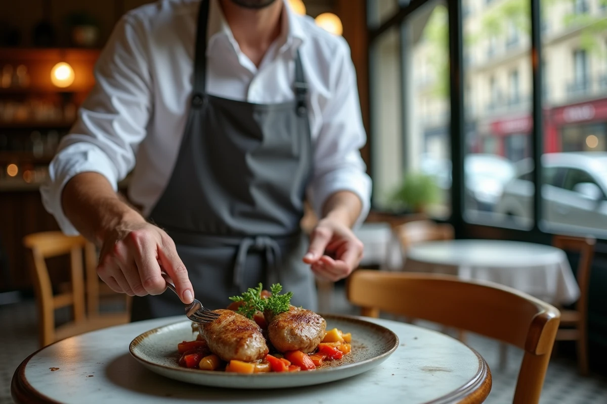 Jeune homme présentant un plat de rognons de veau dans un café parisien