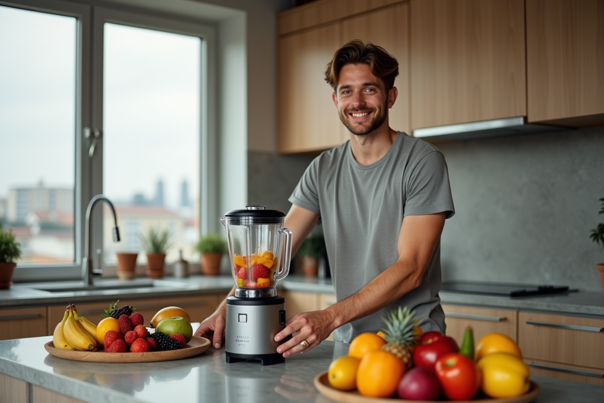 Jeune homme préparant des fruits frais avec un blender moderne