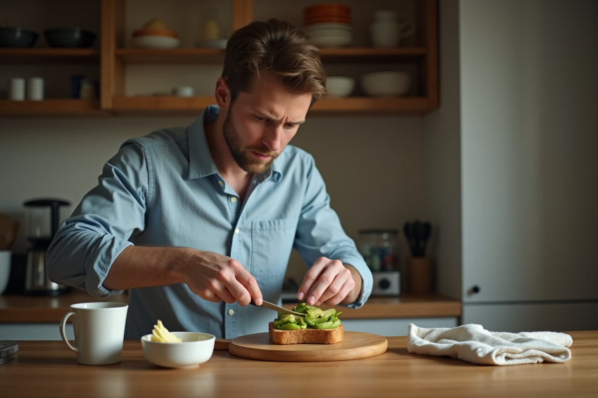 Jeune homme tartinant avocat sur pain complet dans sa cuisine