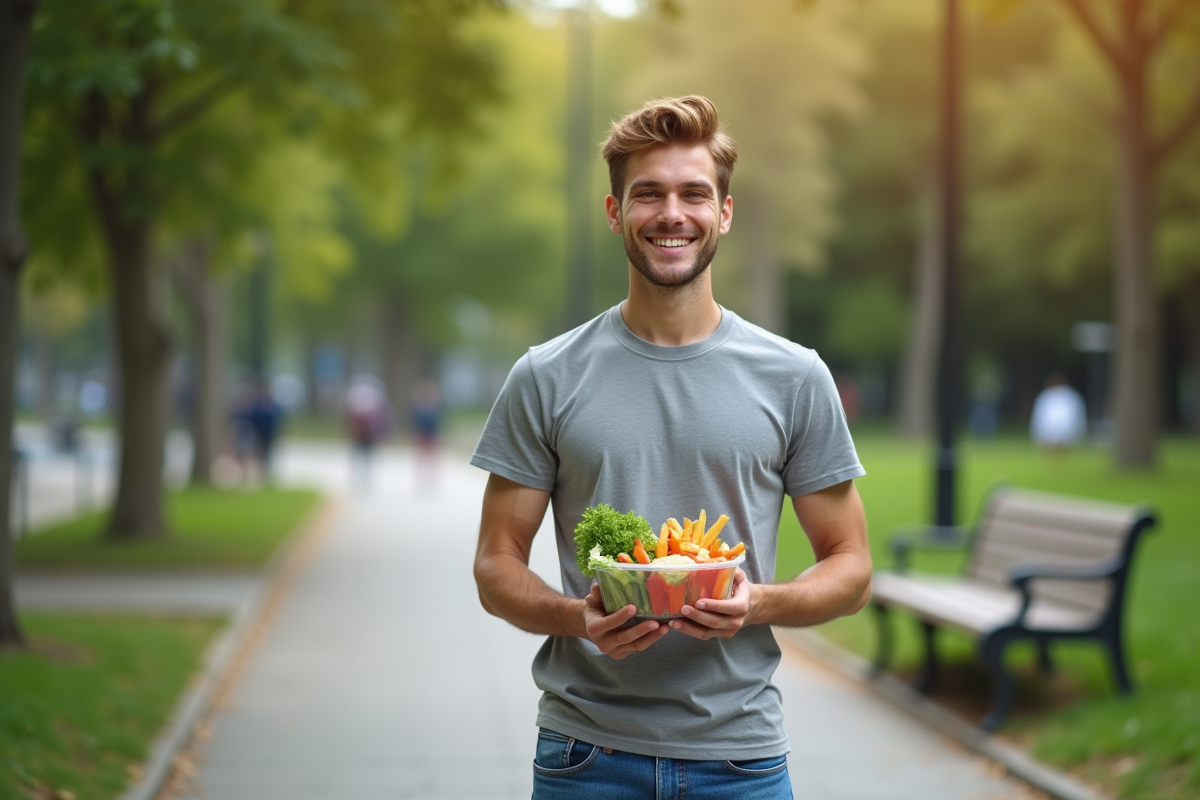 Jeune homme mangeant des légumes dans un parc urbain