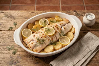 Julienne de poisson au four dorée avec pommes de terre croustillantes dans un plat en céramique blanche sur table en bois rustique
