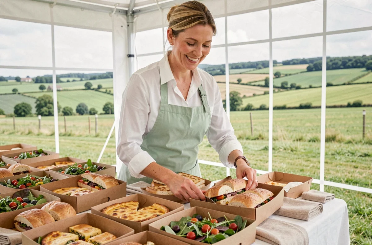 Traiteur de La Clé en Main à Urville préparant des boîtes repas avec quiches, sandwichs artisanaux et salades fraîches pour un événement en plein air