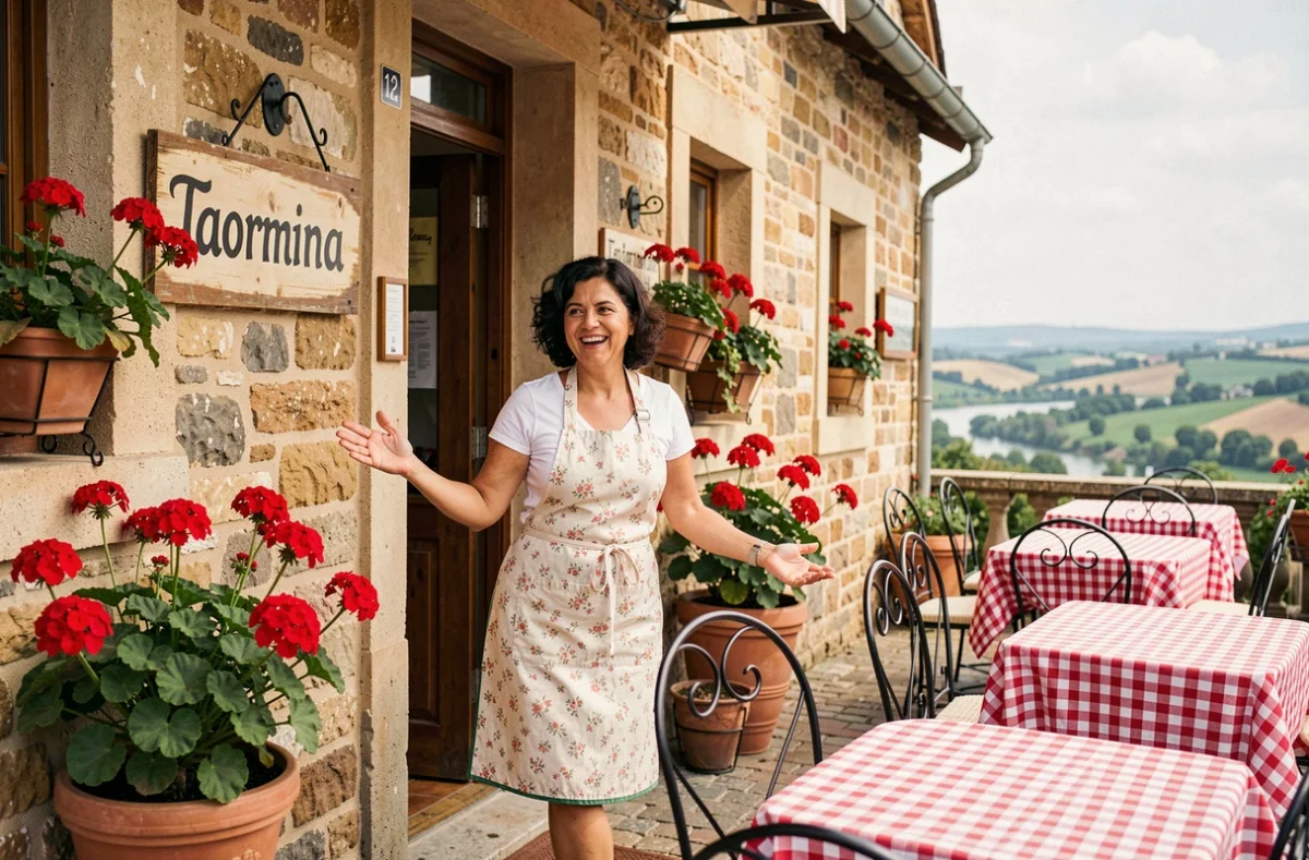 La patronne de La Taormina accueille chaleureusement les clients sur la terrasse fleurie du restaurant au Ban-Saint-Martin, avec vue sur la vallée de la Moselle