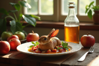 Lapin à la cidre présenté sur une table en bois avec pommes et herbes