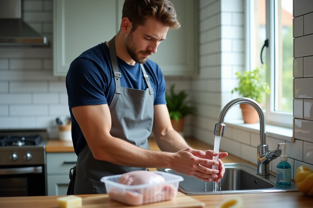 Homme se lavant soigneusement les mains à l'évier avant de manipuler un poulet cru, illustrant les règles d'hygiène alimentaire en cuisine
