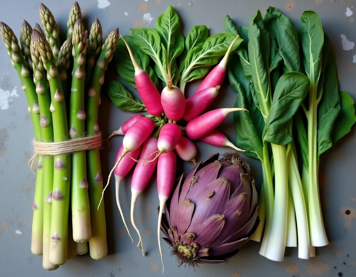Vue du dessus de légumes de saison d'avril disposés sur une surface en pierre, incluant asperges, radis et artichaut