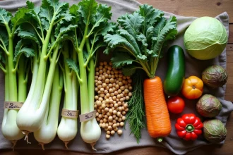 Étalage de marché avec légumes en S : salsifis, céleri, chou de Savoie et haricots de soja disposés sur une table en bois rustique