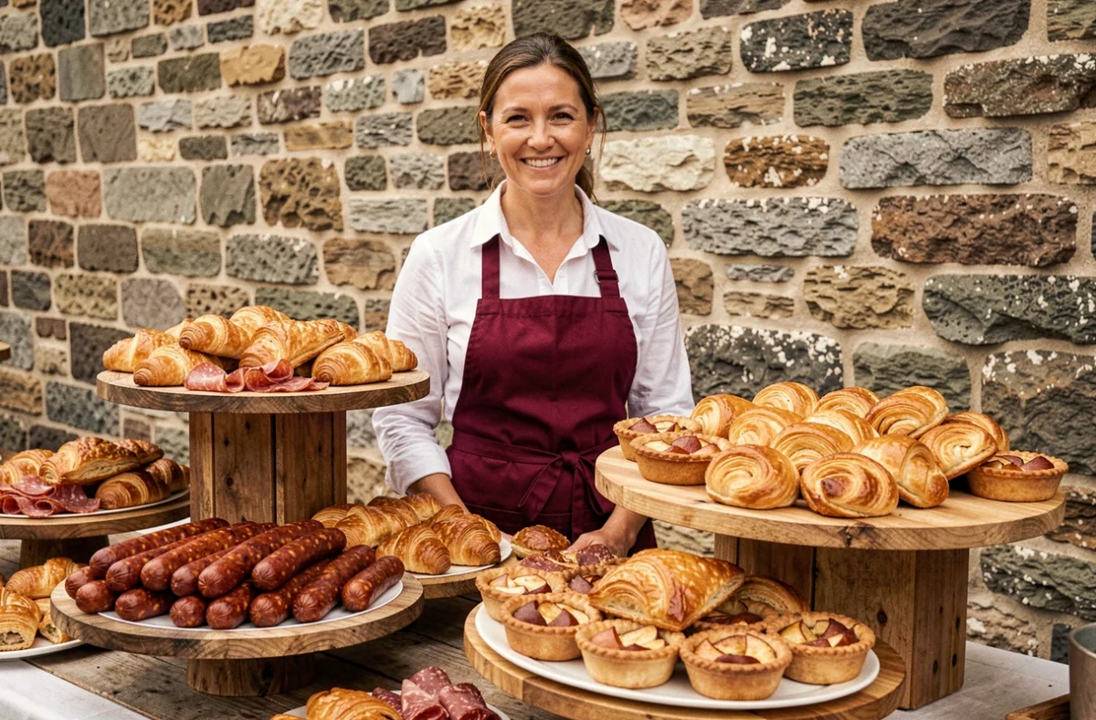 Traiteur de Lemoy Traiteur présentant un étal normand avec andouille, viennoiseries et tartes aux pommes lors d'une fête de village