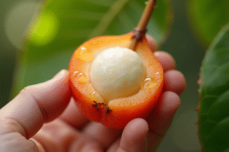 Litchi pelé dans la main avec gouttes d'eau en arrière-plan