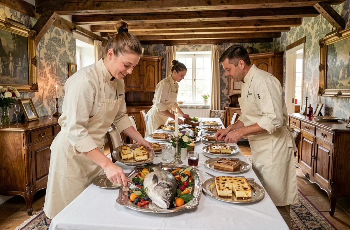 Équipe de Loison Traiteur dressant une table de réception normande avec poisson poché, gratins et garnitures dans un manoir