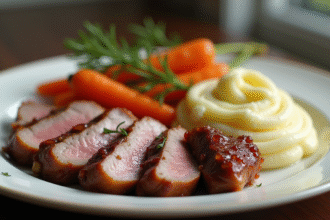 Magret de canard tranché avec purée et carottes