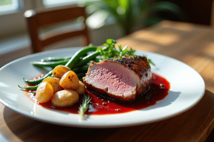 Magret de canard tranché avec pommes de terre et haricots verts