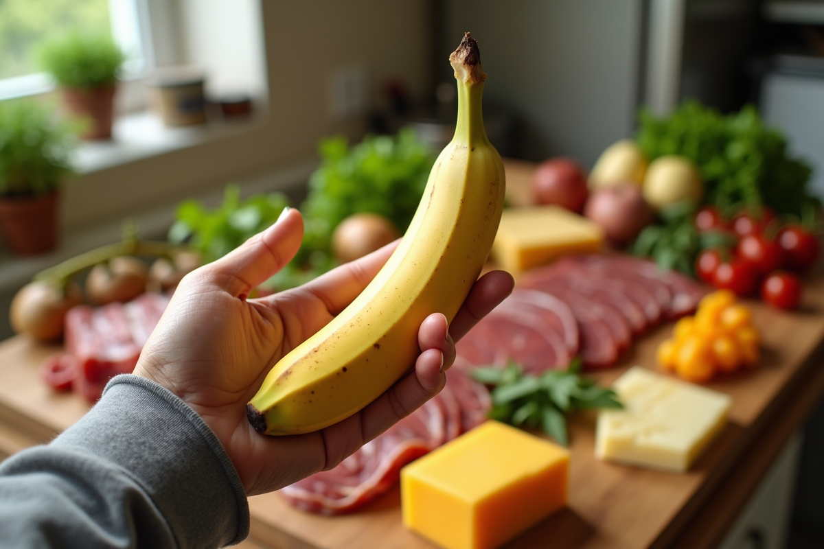 Main tenant une banane devant aliments keto variés