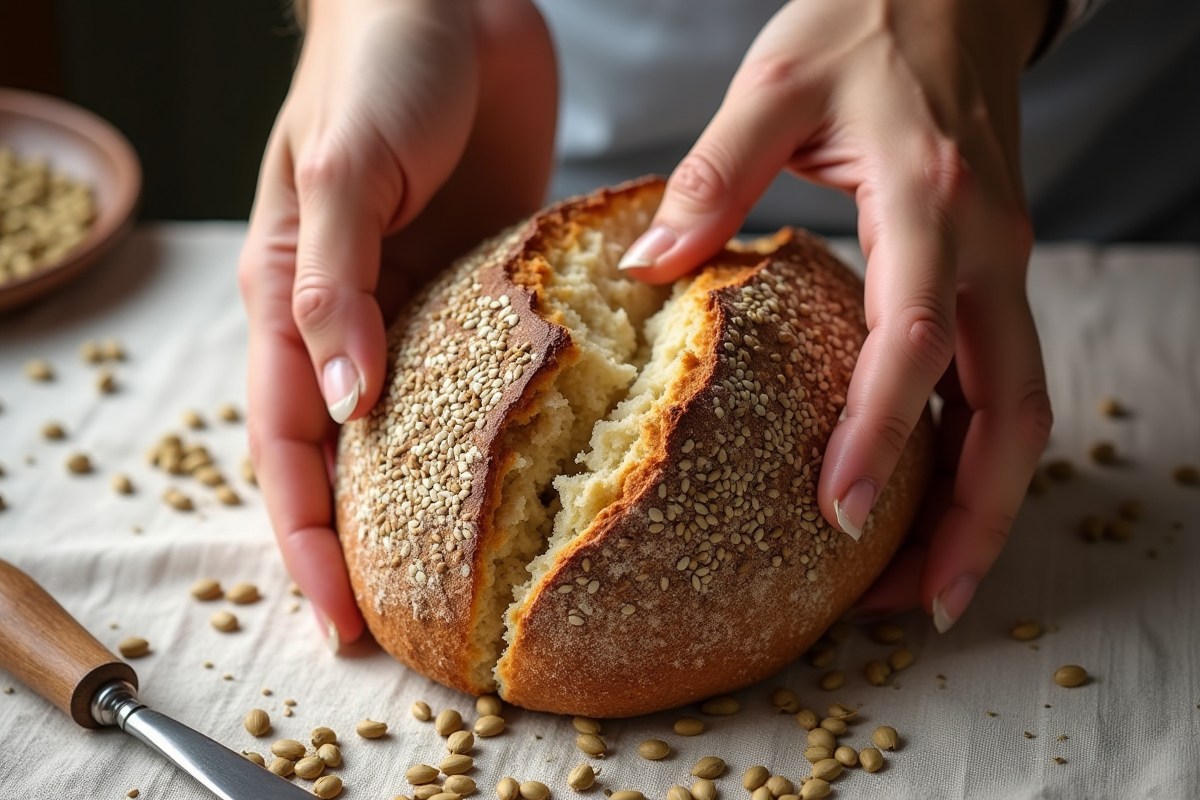 Mains cassant pain maison aux graines sur nappe en lin
