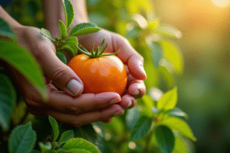 Mains de jardinier tenant un fruit mûr dans un jardin lumineux