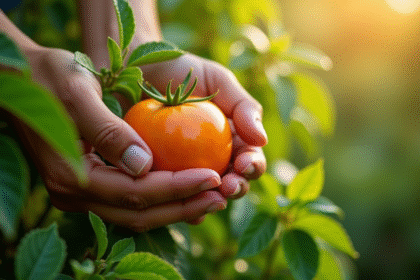 Mains de jardinier tenant un fruit mûr dans un jardin lumineux