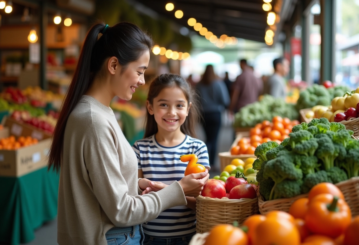 Mère et fille souriantes achètent un légume Z au marché