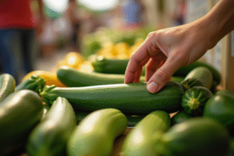 Main sélectionnant des zucchinis frais au marché