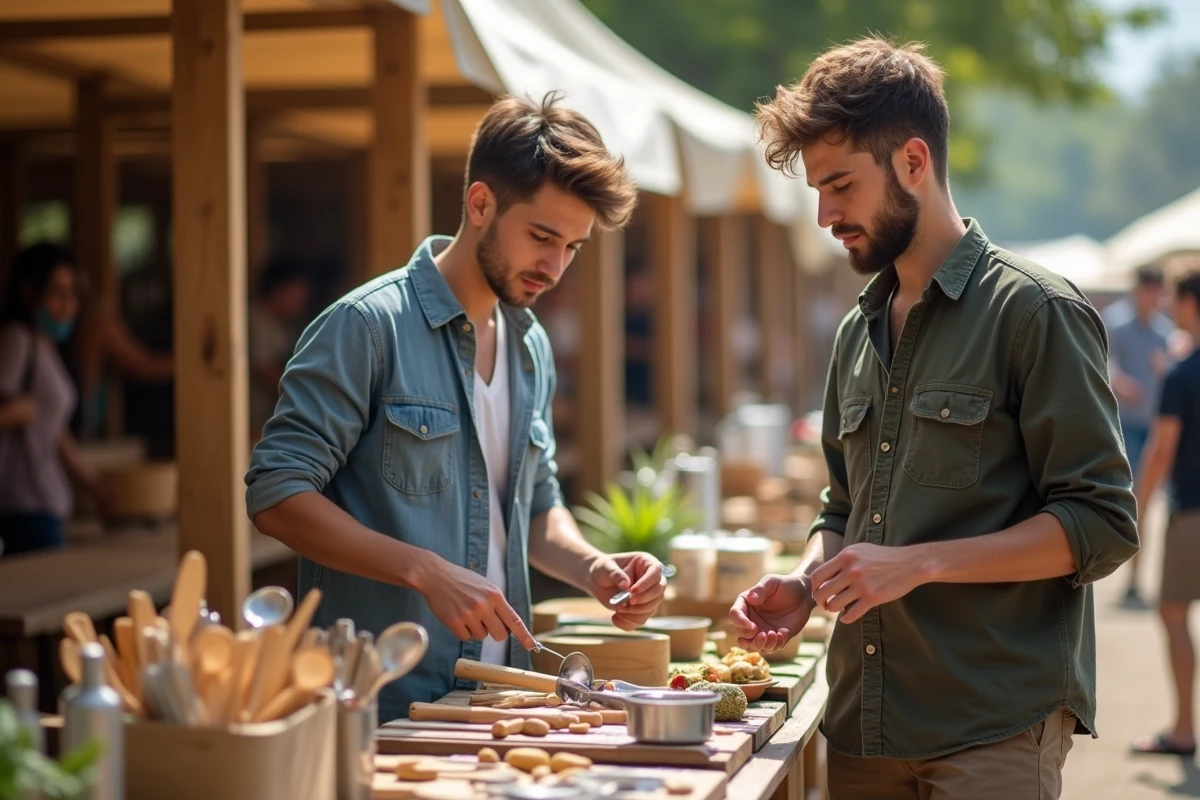 Deux jeunes hommes examinant des ustensiles écologiques au marché