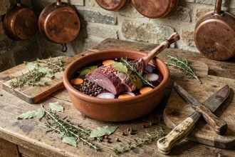 Cuissot de chevreuil marinant dans une terrine en terre cuite avec vin rouge, aromates et herbes fraîches sur un comptoir de cuisine rustique