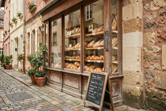 Devanture d'une boulangerie artisanale sur une rue pavée typique de Bourgogne-Franche-Comté