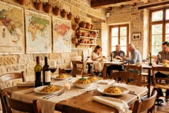 Vue d'ensemble d'une salle de restaurant italien typique dans le Grand Est, avec tables dressées, vaisselle traditionnelle et atmosphère chaleureuse