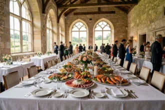 Vue d'ensemble d'un banquet normand avec tables dressées et plateaux de charcuterie et fruits de mer dans une salle de réception en pierre