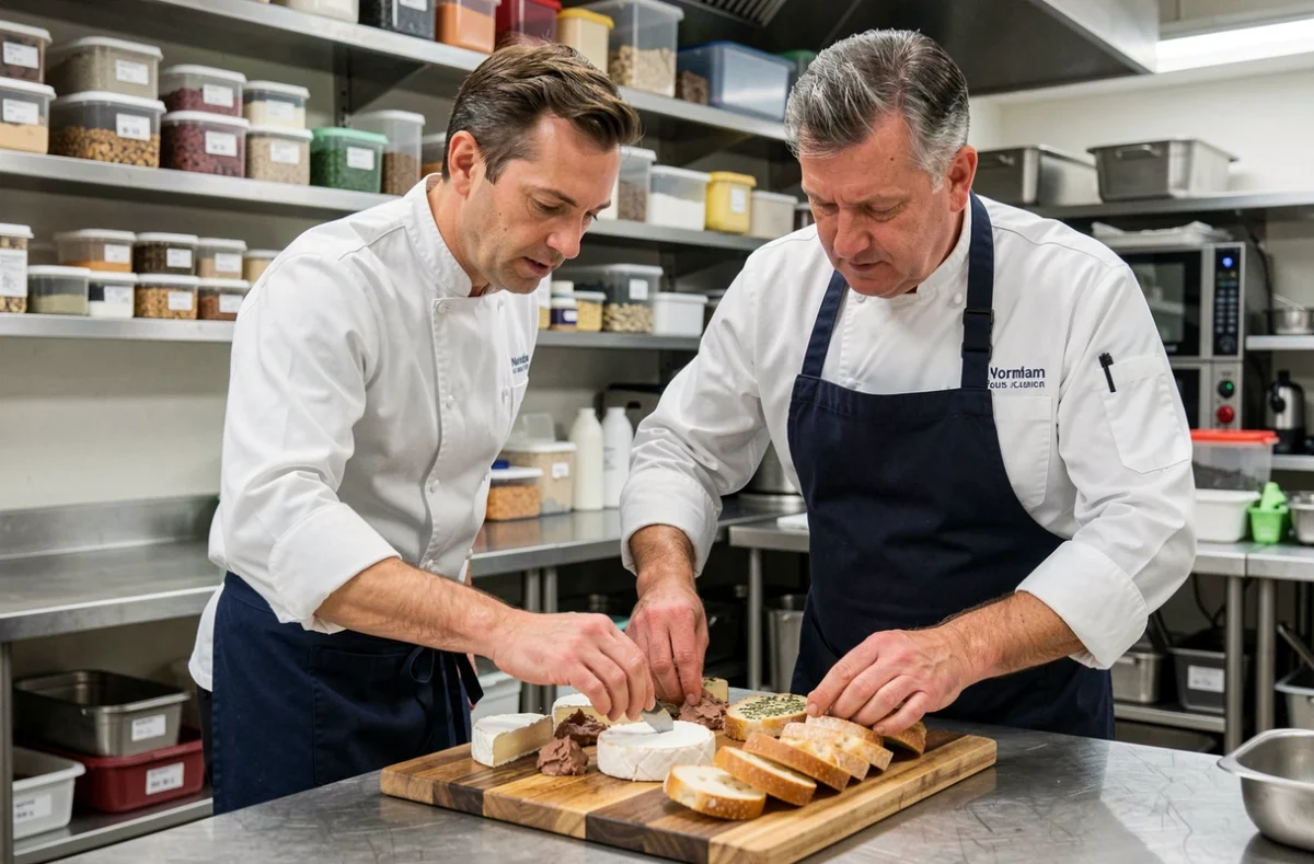 Chef traiteur de Ménard Traiteur à Caen dressant un plateau normand avec camembert, rillettes et baguette dans une cuisine professionnelle