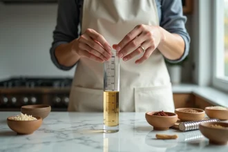 Femme mesurant précisément 10ml dans un cylindre gradué sur un plan de travail en marbre avec des ingrédients de recette autour