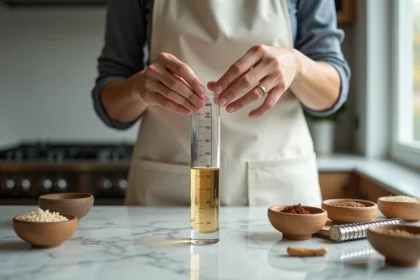 Femme mesurant précisément 10ml dans un cylindre gradué sur un plan de travail en marbre avec des ingrédients de recette autour