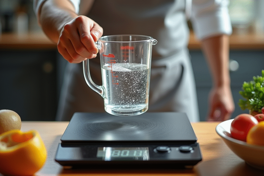 Chef versant 200ml d'eau sur une balance numérique